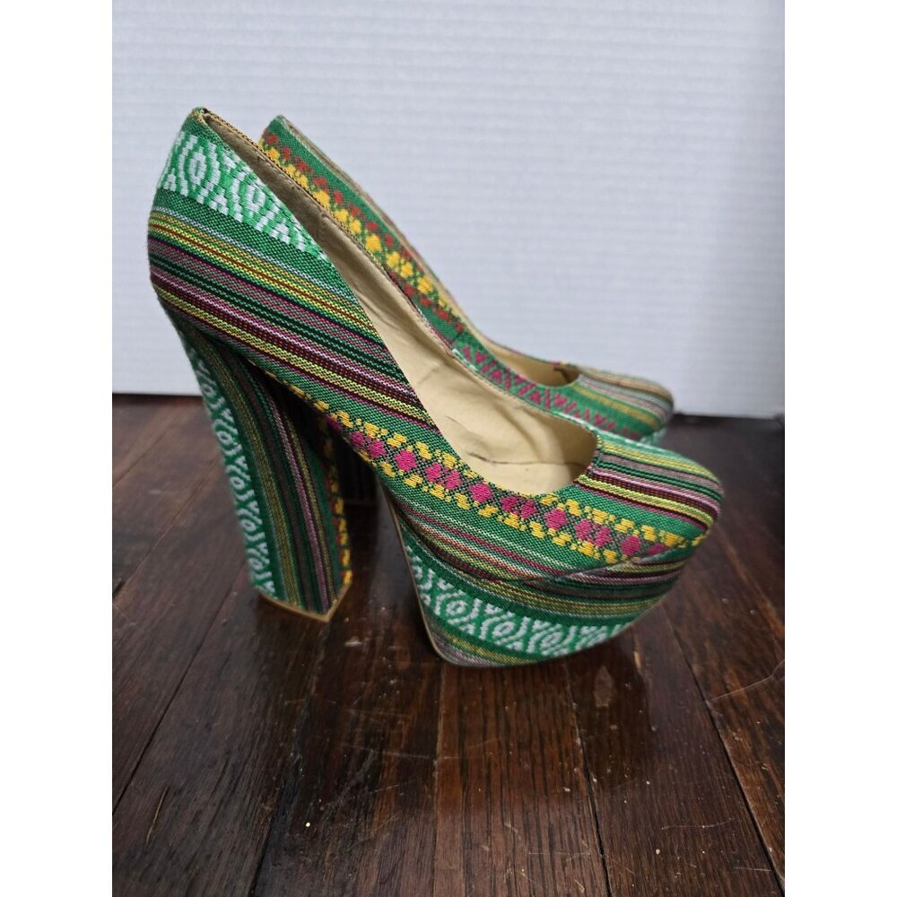 FRH Y2K 70s Style Green Fabric Chunky Pump Heels size 7